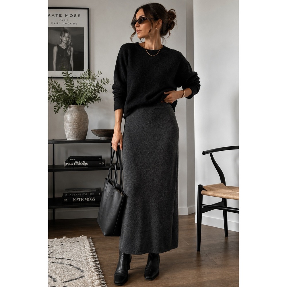 Eileen Fisher Merino Wool Knit Maxi Skirt Charcoal Gray Italian Yarn Size M